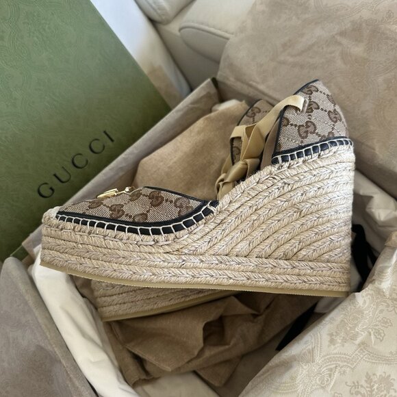 NEW GUCCI Pilar GG Ankle Tie Espadrille Platform Wedge Size 40.5 in Beige/ Brown - Picture 5 of 11